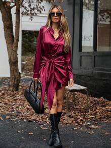 Aveloria 法式复古时尚百搭系带腰修身衬衫裙 - 酒紅色 - 查看 6