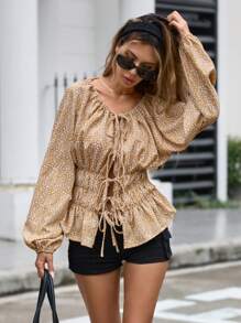 Aveloria Affinna Blusa elegante y vintage de manga larga con cuello en V, cintura fruncida y mangas abullonadas con estampado floral aleatorio tipo Ditsy