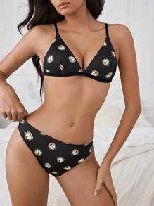 GARFIELD X SHEIN Conjunto de sujetador y ropa interior sexy y lindo de mujer con estampado de dibujos animados y con nudo en la espalda