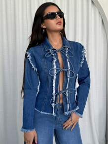 SHEIN ICON 女式秋季拼布磨边长袖前系带休闲牛仔夹克 - 藍色 - 查看 1