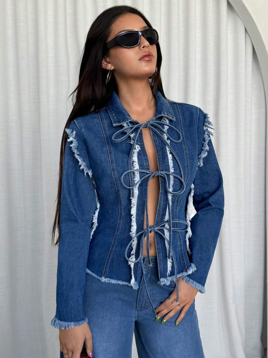 SHEIN ICON 女式秋季拼布磨边长袖前系带休闲牛仔夹克 - 藍色 - 查看 1