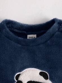 SHEIN Leap Crew 2 件套男宝宝秋冬毛绒长袖睡衣套装，带有可爱熊猫刺绣，适合日常居家穿着 - 藏蓝色 - 查看 3