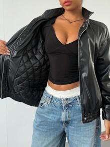 Aloruh 1 pièce Veste en faux minimaliste à manches longues et fermeture éclair frontale de couleur unie, décontractée pour le port quotidien