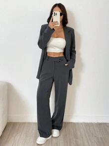SHEIN EZwear 2 件套编织女士西装套装：灰色西装外套和裤子 - 灰色 - 查看 4