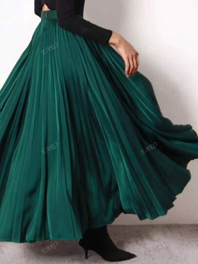 Women's Elegant Solid Color Pleated Maxi Flared Skirt, Autumn/Winter