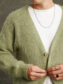 Manfinity VCAY Men Fuzzy Knit Cardigan Sweater - Army Green - View 2