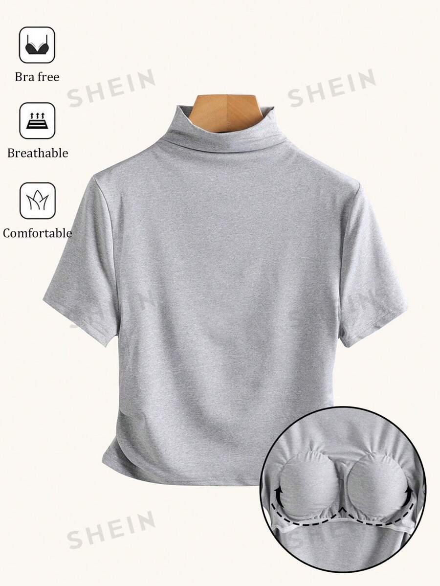 SHEIN BASICS Blusa casual de mujer de punto de unicolor con cuello alto, manga corta y pliegues laterales