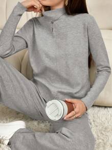 Mulvari 女士休闲纯色立领毛衣和裤子两件套，秋冬两件套 - 灰色 - 查看 1