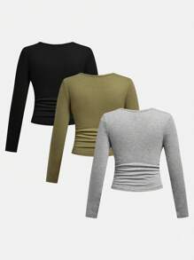 SHEIN Set de 3 blusas de punto de manga larga con cuello en V de unicolor, como capa base casual para niñas preadolescentes en otoño e invierno - Verde militar - Ver 2