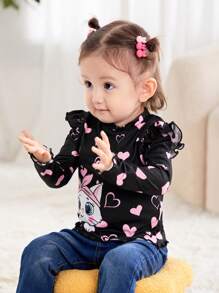 SHEIN Baby Girl Cute Cartoon Pattern Ruffle Trim Long Sleeve Knit Top, Versatile Autumn/Winter - Black - View 6