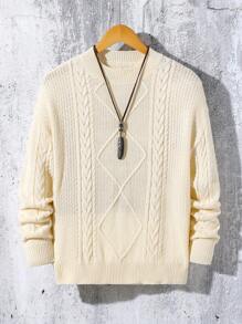 SHEIN Jersey de tejido de punto acanalado de manga larga con cuello redondo, de corte holgado, para adolescentes, adecuado para uso casual o formal, jersey ancho de punto retro en avena