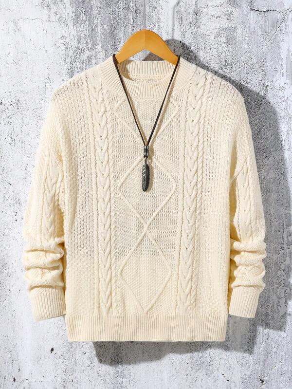 SHEIN Chłopięcy sweter typu pullover z okrągłym dekoltem i wzorem Cable Knit, teksturowany, z długim rękawem, odpowiedni do noszenia na co dzień lub na formalne okazje, oversize'owy sweter retro w kolorze owsianki