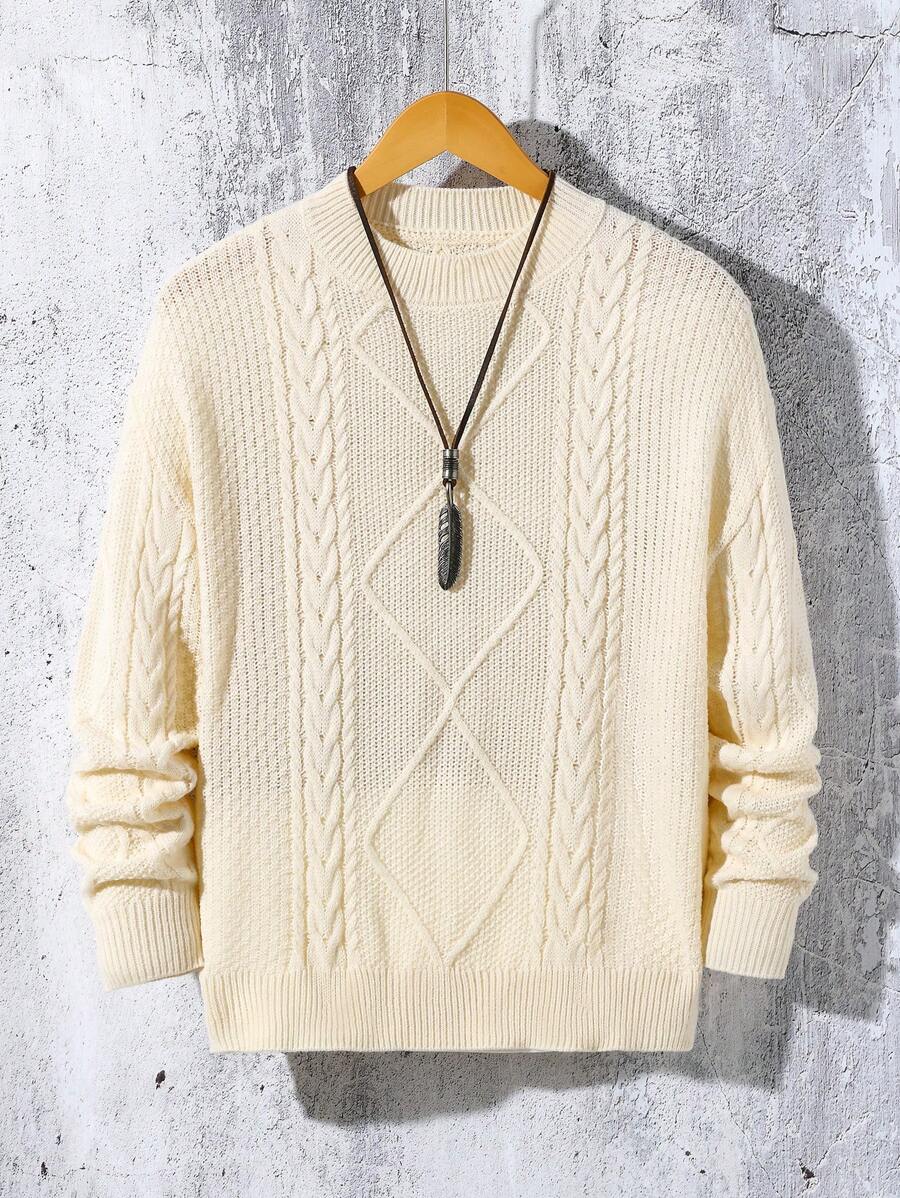 SHEIN Jersey de tejido de punto acanalado de manga larga con cuello redondo, de corte holgado, para adolescentes, adecuado para uso casual o formal, jersey ancho de punto retro en avena