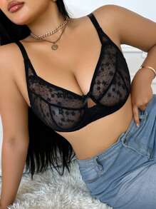 大码女士花卉网眼蝴蝶结装饰文胸套装，无钢圈 - 黑色 - 查看 3