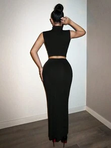 VaVaBold 女士纯色高领无袖极简上衣和半裙性感休闲套装 - 黑色 - 查看 2