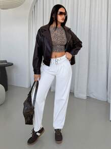 SHEIN Essnce Jeans casuales sueltos de pierna recta con bolsillos plegados para mujeres