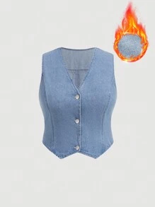 SHEIN MOD 大码无袖牛仔夹克，休闲短款背心带衬里，蓝色，适合日常穿着 - 藍色 - 查看 1