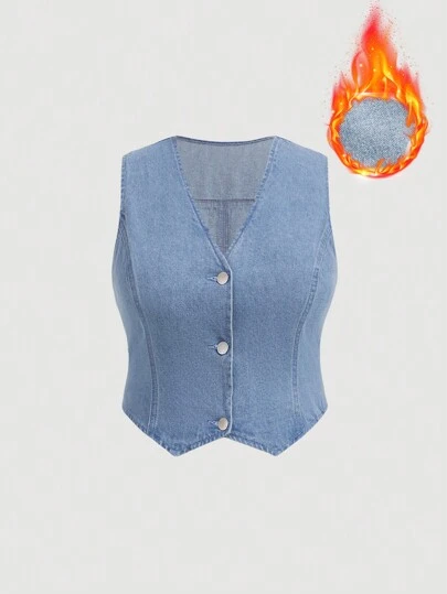 SHEIN MOD 大码无袖牛仔夹克，休闲短款背心带衬里，蓝色，适合日常穿着