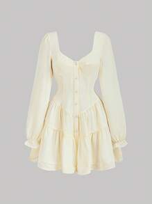 Aveloria Vintage Nomadic Square Neck Cinched Waist Button Down Ruffle Hem Long Sleeve A-Line Mini Dress For Women
