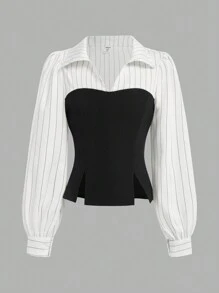 Tween Girls' Splice 2 In 1 Waist Knitted Striped Long Sleeve Shirt - Casual Retro Teenage Office Formal Blouse - Black and White - View 4