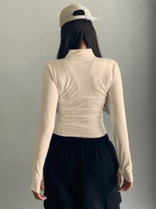 DAZY Women's Contrast Color Zip Front Fitted Jacket, Spring Autumn - Apricot - View 2