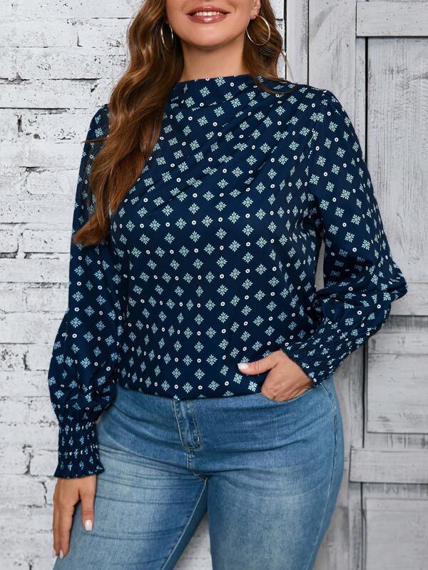 SHEIN LUNE Plus Size Women Stand Collar Long Sleeve All Over Print Minimalist Casual Blouse