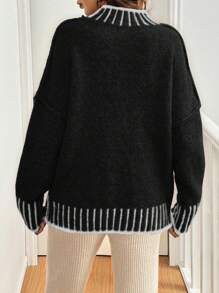 SHEIN Frenchy Women Crew Neck Loose Casual Oversize Contrast Color Sweater In Fall/Winter Black - Black - View 2