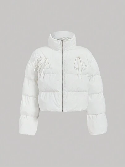 SHEIN MOD 白色荷叶边蝴蝶结装饰长袖棉衣，休闲，