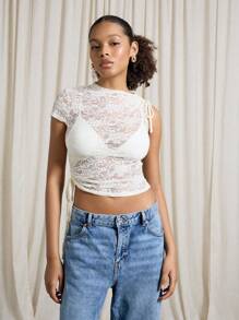 AiiRZ Lace Sheer Ruched Detail Crop Top - Apricot - View 1