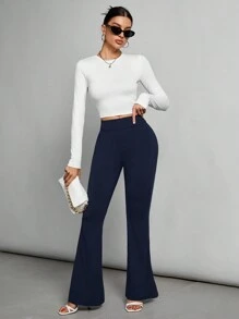 SHEIN Tall Quần ống loe bó cạp cao dệt kim màu đen dành cho nữ - Màu xanh hải quân - Xem 5