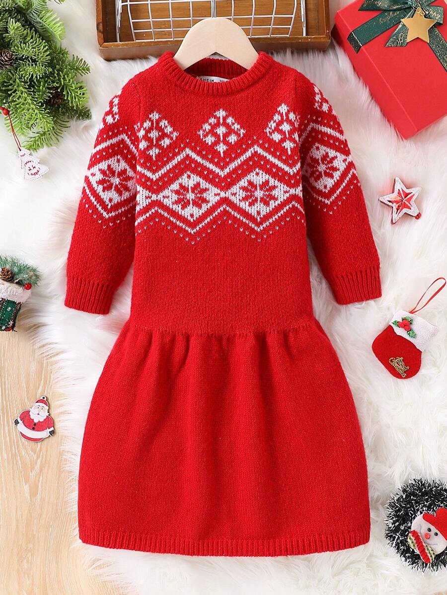 Young Girl Snowflake Pattern Round Neck Long Sleeve Ruffle Hem Sweater Dress For Autumn/Winter - Burgundy - View 1
