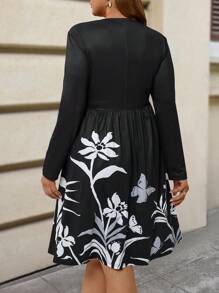 EMERY ROSE Plus Size Winter Women's Long Sleeve Solid Color Crew Neck Long Sleeve Top And Floral Print Pocket Pleated Skirt - Black - View 2