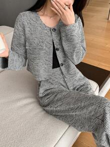 DAZY 2pcs Women Elegant Commuting Set, Including Long Sleeve Single-Breasted Jacket And Pants, Autumn,Fall Women Clothes - Grey - View 3