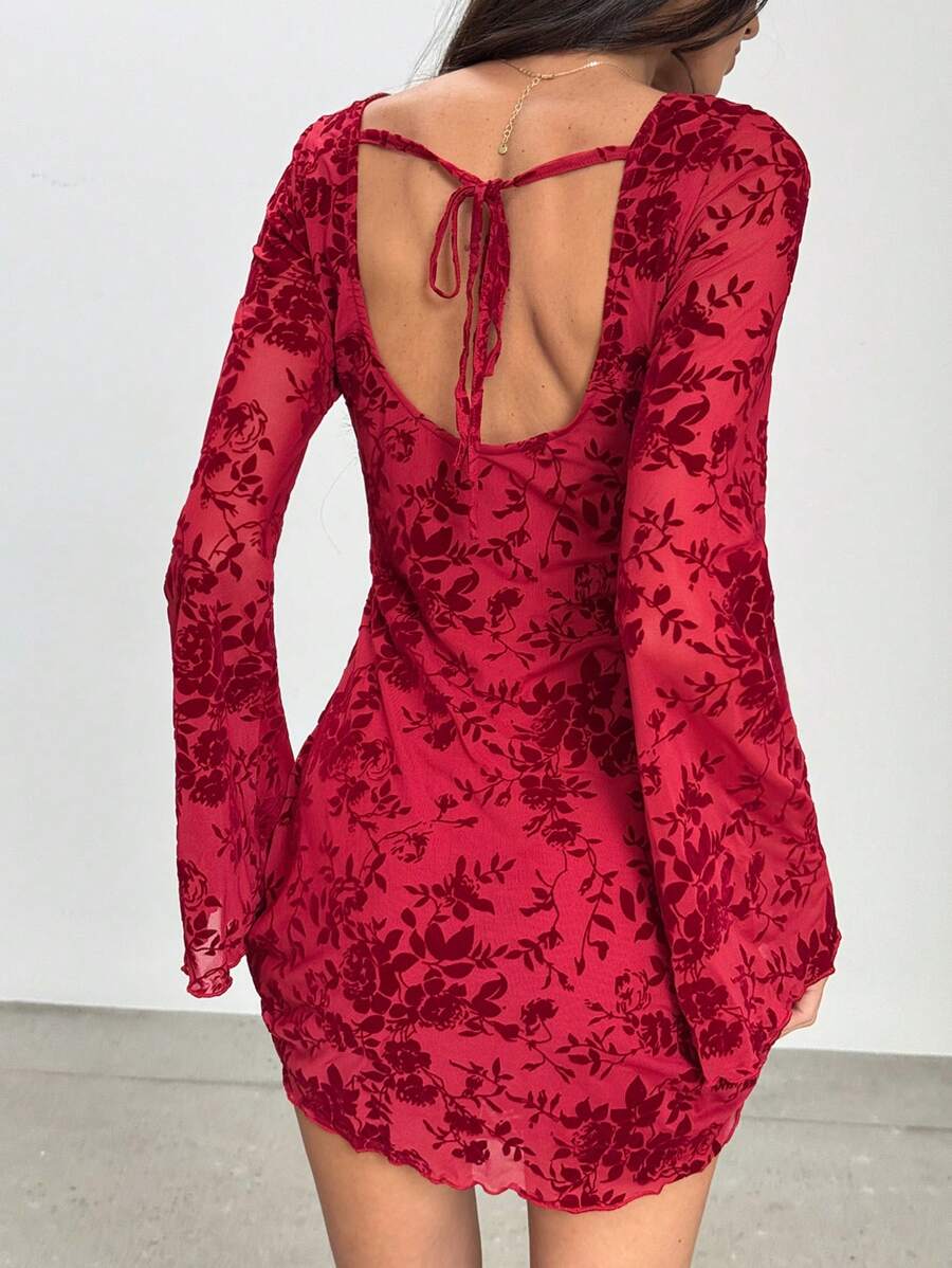 Aloruh New Encore Burgundy Mesh Overlay Flocked Print Pullover Sexy Open Back Bell Sleeve Short Dress - Burgundy - View 1