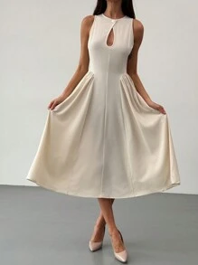 Aloruh Women's Sleeveless Cutout Front A-Line Side Ruched Midi Dress, Elegant, Ins Style - Apricot - View 4