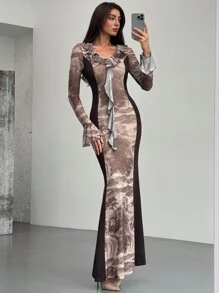 Aloruh Vestido de mujer con cuello en V profundo, bajo con volantes, estampado de mármol en contraste y mangas abombadas - Marrón - Ver 2