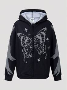 SHEIN Tween meisje Vlinder prints Met rits Sweatshirt met kap