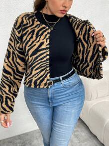 Calvaya Plus Size All-Over Print Winter Casual Long Sleeve Fluffy Jacket - Brown - View 5