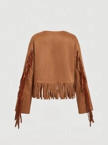SHEIN MOD Chaqueta con flecos y lazo para mujer en estilo retro marrón, ropa de estilo hippie, chaqueta con flecos