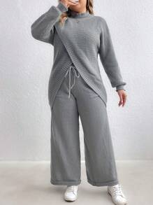 SHEIN LUNE Plus Size Casual Solid Color Stand Collar Cross Wrap Front Sweater And Drawstring Waist Wide Leg Sweater Pants Set Fall Cloth For Women - Grey - View 1