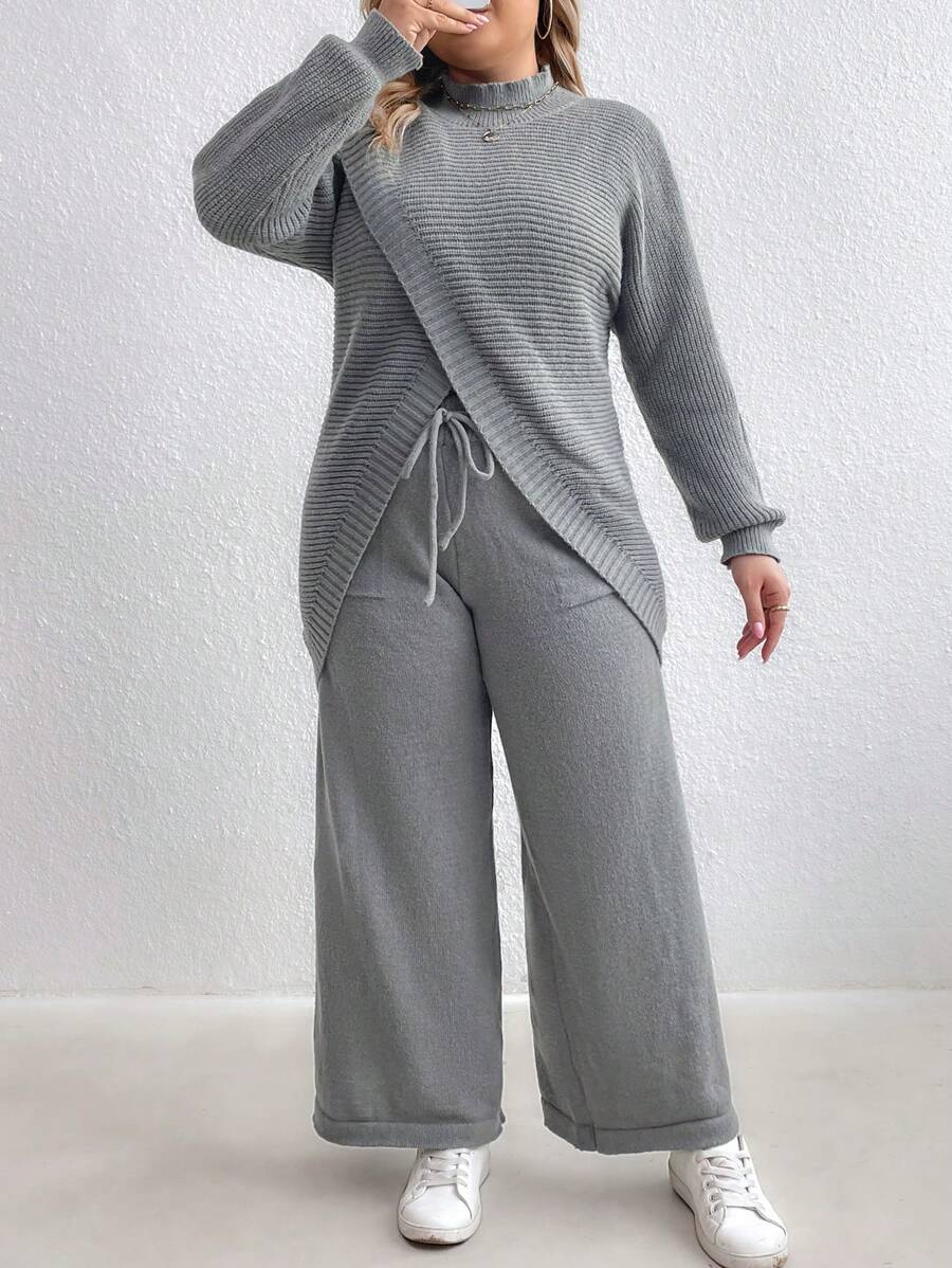SHEIN LUNE Plus Size Casual Solid Color Stand Collar Cross Wrap Front Sweater And Drawstring Waist Wide Leg Sweater Pants Set Fall Cloth For Women - Grey - View 1