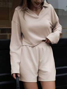 INAWLY Conjunto de 2 peças feminino casual solto cor sólida lapela ombro caído manga comprida top e shorts, primavera outono - Damasco - Ver 3