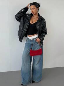 Aloruh 1 pièce Veste en faux minimaliste à manches longues et fermeture éclair frontale de couleur unie, décontractée pour le port quotidien