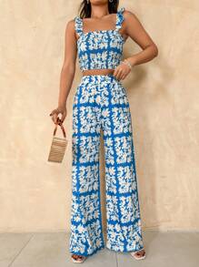 RueChic Blue And White Floral Two Pieces Top And Pant - Blue and White - View 4