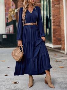 SHEIN LUNE Đầm dài bohemian cổ chữ V tay đèn lồng cho nữ, mùa thu/đông - Xanh đậm - Xem 4