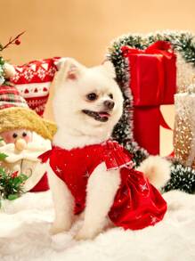 PETSIN 1st fluwelen sneeuwvlok metallic zilveren ruche rand huisdier hond kerstjurk, grote rode kleur