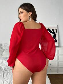 SHEIN Privé Plus Size Casual Elegant Sweetheart Neck Lantern Sleeve Drawstring Bodysuit, Autumn, For Winter
