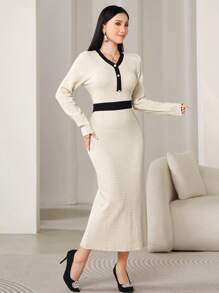 Modelyn Women's Casual Contrast Color Block V-Neck Mermaid Fitted Sweater Dress, Autumn - Apricot - View 5