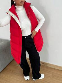 Flirla Plus Size Casual Mid-Length Sleeveless Jacket Autumn/Winter Clothes Vest For New Year Clothes - Red - View 3