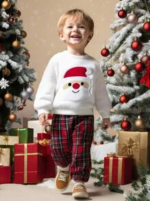 SHEIN Playful Pals 年轻男孩圣诞老人图案羊毛运动衫和格子裤两件套，适合冬季、节日、派对、家庭聚会、居家 - 彩色 - 查看 1